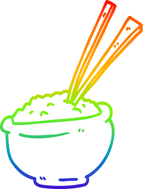 Gökkuşağı gradyan çizgi çizimi bir insan tarafından çizilmiş yemek çubuklarıyla bir kase pirinç.