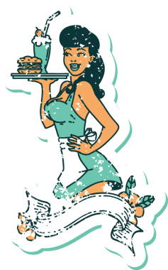 Geleneksel stil dövmeli sıkıntılı bir stil. Pankartı insan tarafından çizilmiş garson kız.