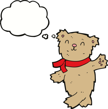 Bir insan tarafından çizilmiş düşünce balonlu oyuncak ayıyı sallayan çizgi film.