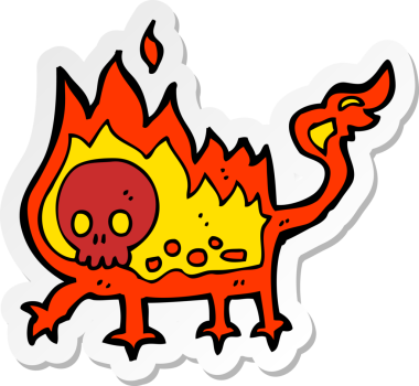 Çizgi film çıkartması. Bir insan tarafından çizilmiş küçük ateş şeytanı.