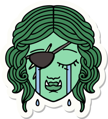 Bir insan tarafından çizilmiş, ağlayan yarı ork bir karakterin çıkartması.