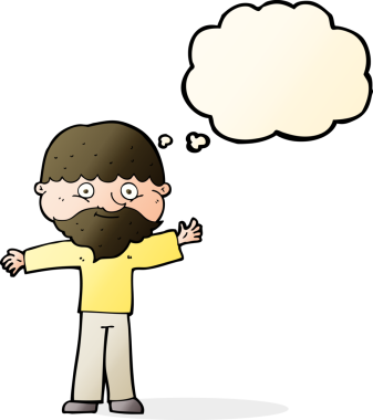 Bir insan tarafından çizilmiş düşünce balonlu sakallı mutlu adam çizgi filmi.