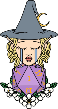 Retro Dövme Tarzı Ağlayan Elf Cadı Doğal bir D20 rulo ile Bir insan tarafından çizilmiş