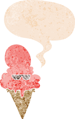 Bir insan tarafından çizilmiş grunge sıkıntılı retro desenli konuşma baloncuklu çizgi film serin dondurma