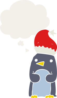 Düşünce baloncuğu olan sevimli noel pengueni insan tarafından çizilmiş.