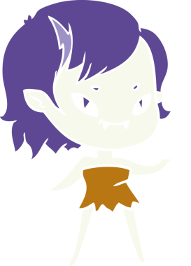 Düz renkli çizgi film karakteri. Bir insan tarafından çizilmiş kafatası olan vampir kız.