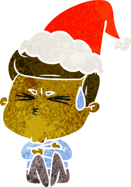 Bir insanın çizdiği Noel Baba şapkasıyla terleyen bir adamın el çizimi karikatürü.