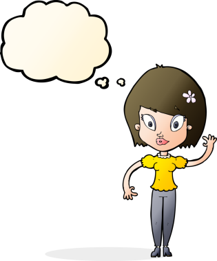 Bir insan tarafından çizilmiş düşünce baloncuğuyla el sallayan güzel bir kadın.