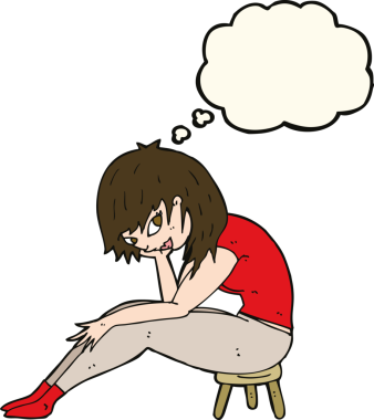 Bir insan tarafından çizilmiş düşünce baloncuğuyla küçük bir taburede oturan çizgi film kadını.