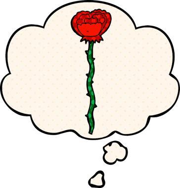 Bir insan tarafından çizilmiş, düşünce baloncuklu çizgi film çiçeği.