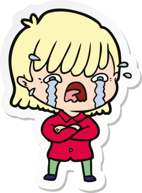 Bir insan tarafından çizilmiş ağlayan bir çizgi film kızına ait etiket.