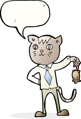 Bir insan tarafından çizilmiş konuşma balonlu ölü fareli çizgi film kedisi.