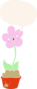 Bir insan tarafından çizilmiş, konuşma baloncuklu sevimli bir karikatür çiçeği.