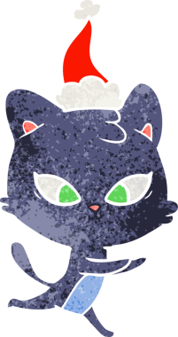 Bir insan tarafından çizilmiş Noel Baba şapkası takan bir kedinin eski çizgi filmi.