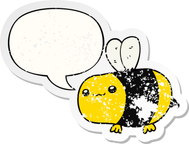 Konuşma baloncuğu olan çizgi film arısı bir insan tarafından çizilmiş sıkıntılı eski bir çıkartma