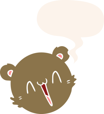 Bir insan tarafından çizilmiş eski tarz konuşma baloncuğu olan sevimli oyuncak ayı yüzlü çizgi film.