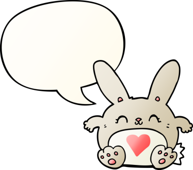 Tatlı çizgi film tavşanı, aşk dolu bir kalp, konuşma baloncuğu, bir insan tarafından çizilmiş yumuşak bir eğim tarzı.