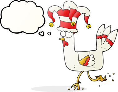 Bir insan tarafından çizilmiş komik bir şapkayla koşan serbest çizilmiş düşünce balonu tavuğu.