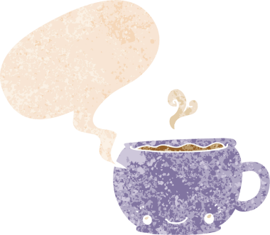 Bir insan tarafından çizilmiş, grunge 'de konuşma baloncuğu olan sıcak bir fincan çizgi film kahvesi.