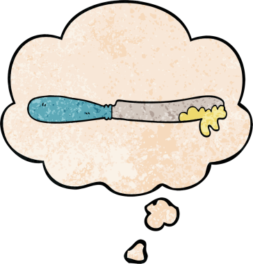 Düşünce baloncuğu olan çizgi film tereyağı bıçağı. Bir insan tarafından çizilmiş grunge deseni.