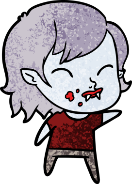 Bir insan tarafından çizilmiş yanağında kan olan vampir kız çizgi filmi.