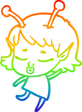 Gökkuşağı gradyan çizgisi. Bir insan tarafından çizilmiş şirin bir uzaylı kız çizgi filmi.