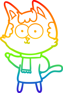 Gökkuşağı gradyan çizgisi mutlu bir çizgi film kedisinin bir insan tarafından çizilmiş kışlık giysileri içinde çizimi