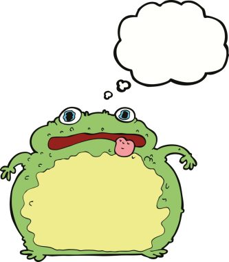 Bir insan tarafından çizilmiş düşünce baloncuklu komik kurbağa.