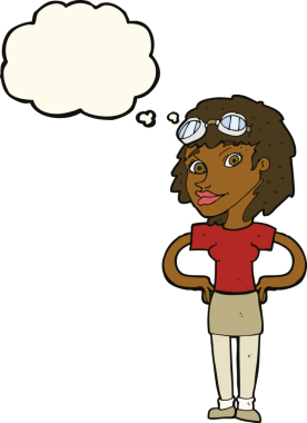 Bir insan tarafından çizilmiş düşünce baloncuklu retro-pilot kadın.