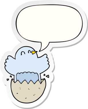 Bir insan tarafından çizilmiş konuşma kabarcığı çıkartmalı yumurta yumurtlayan tavuk.