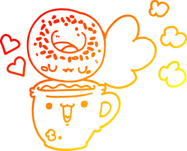 Sevimli bir çörek ve bir insan tarafından çizilmiş kahvenin sıcak çizgi çizimi