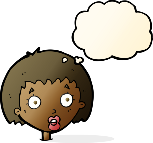 Bir insan tarafından çizilmiş düşünce baloncuğuyla kadın yüzünü şaşırtan çizgi film.