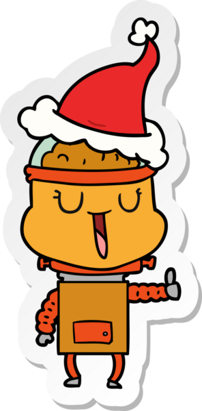 Bir insan tarafından çizilmiş Noel Baba şapkası giyen bir robotun mutlu el çizimi karikatürü.