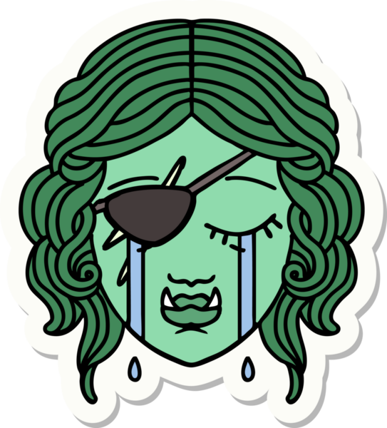 Bir insan tarafından çizilmiş, ağlayan yarı ork bir karakterin çıkartması.