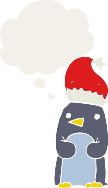 Düşünce baloncuğu olan sevimli noel pengueni insan tarafından çizilmiş.