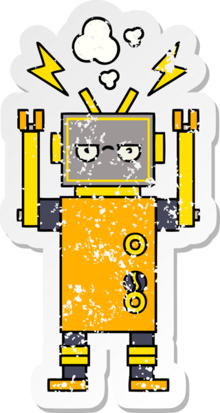 Bir insan tarafından çizilmiş arızalı bir robot çizgi film çıkartması.