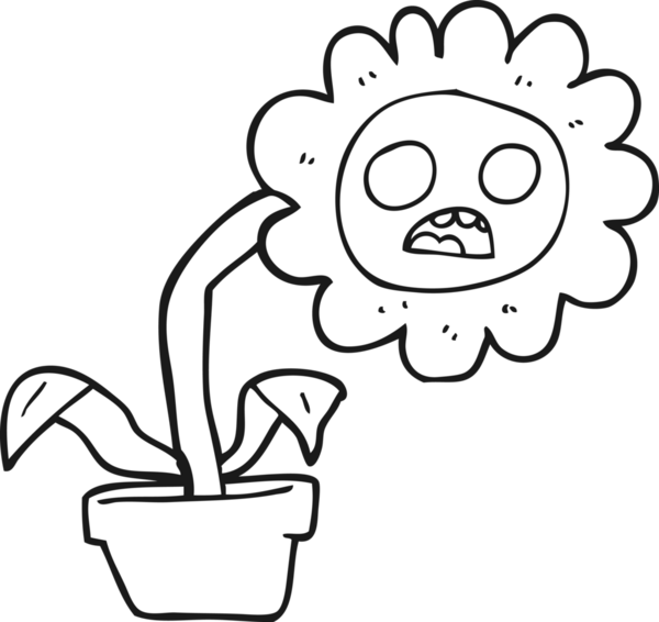 Bir insan tarafından çizilmiş siyah beyaz karikatür hüzünlü çiçek.