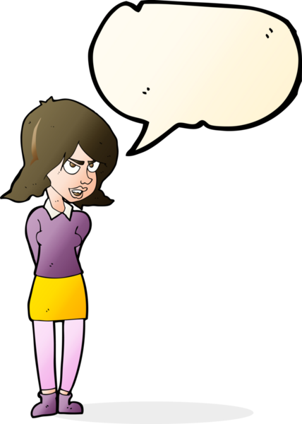 Bir insan tarafından çizilmiş konuşma baloncuğuyla rahatsız bir kadın.