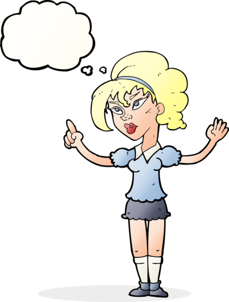 Bir insan tarafından çizilmiş düşünce baloncuğu fikri olan karikatür kadın.