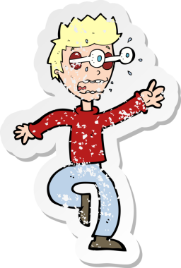 Bir karikatürün gerilimli çıkartması. Dehşete düşmüş bir adam. Gözleri bir insan tarafından çıkarılmış.