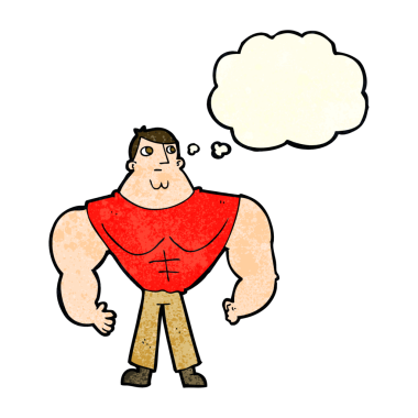 Bir insan tarafından çizilmiş düşünce baloncuğu olan karikatür vücut geliştirici.