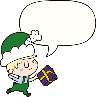 Bir insan tarafından çizilmiş konuşma baloncuğuyla mutlu noel elfleri.