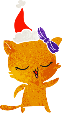 Bir insanın çizdiği Noel Baba şapkası takan kedinin el çizimi karikatürü.