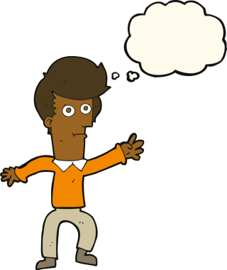 Bir insan tarafından çizilmiş düşünce baloncuğuyla el sallayan çizgi film adamı.