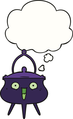 Bir insan tarafından çizilmiş düşünce balonlu cadılar bayramı kazanı karikatürü.