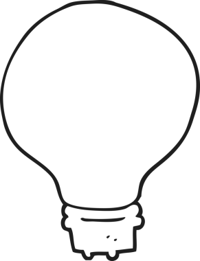 Bir insan tarafından çizilmiş siyah beyaz çizgi film ampulü.