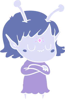 Bir insan tarafından çizilmiş düz renkli uzaylı kız çizgi filmi.