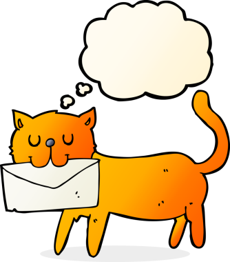 Bir insan tarafından çizilmiş düşünce baloncuklu mektup taşıyan çizgi film kedisi.