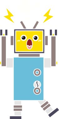 Bir insan tarafından çizilmiş arızalı bir robotun düz renk retro karikatürü