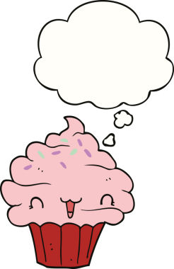 Bir insan tarafından çizilmiş düşünce baloncuklu tatlı çizgi film şekerli kek.
